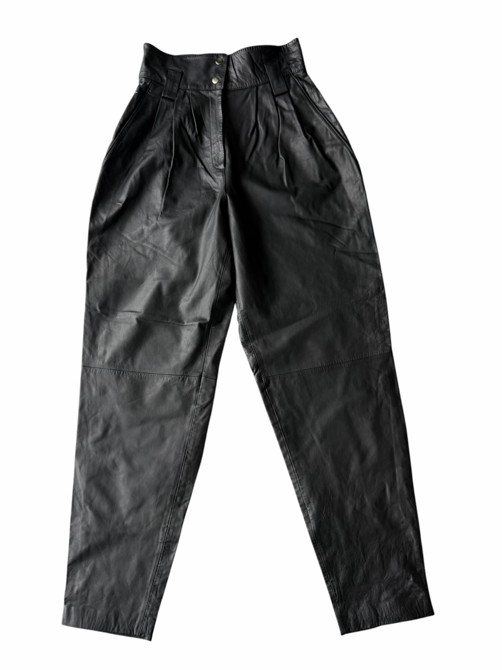 ✅ NWT Chia Korean Brand High-Waist Black genuine Leather pleated tapered Pants 7